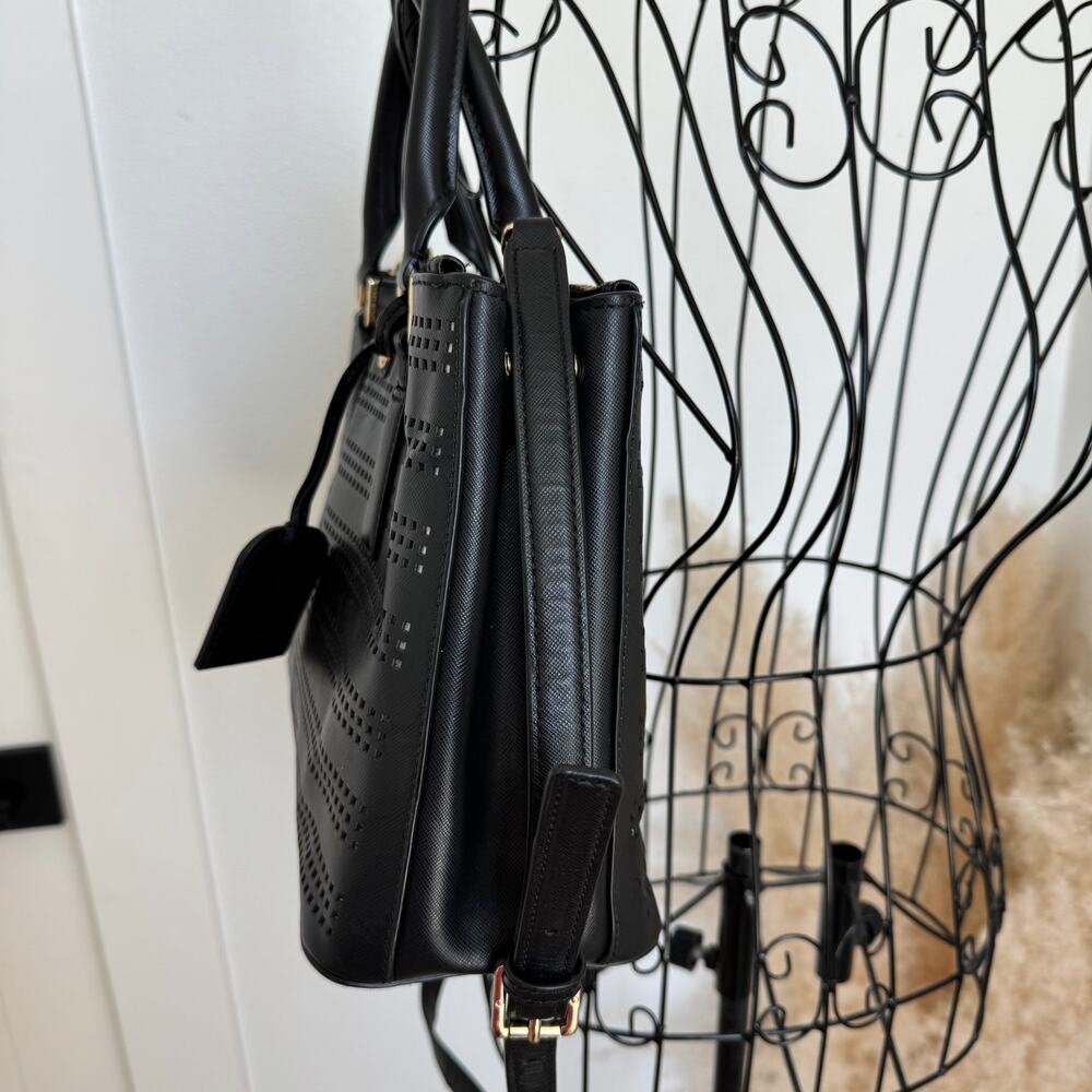 Tory Burch Black Robinson Laser Cut Saffiano Leather Double Zip Satchel Bag - Picture 8 of 16